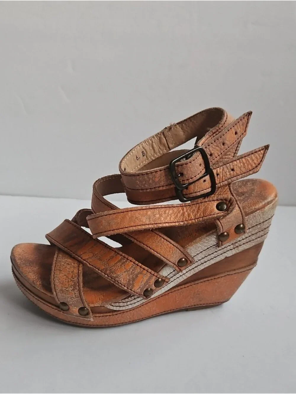 Bed Stu Distressed Orange Leather Strappy Juliana Wedge Sandals